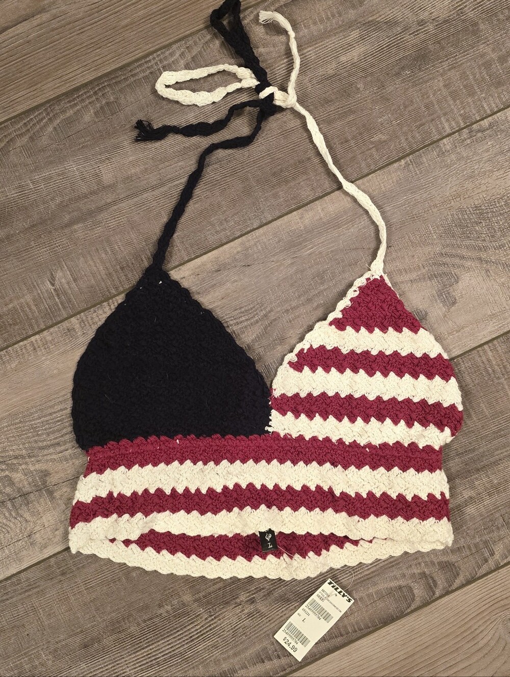 Handmade Crochet Bralette - Black, Cream & Burgundy Stripes